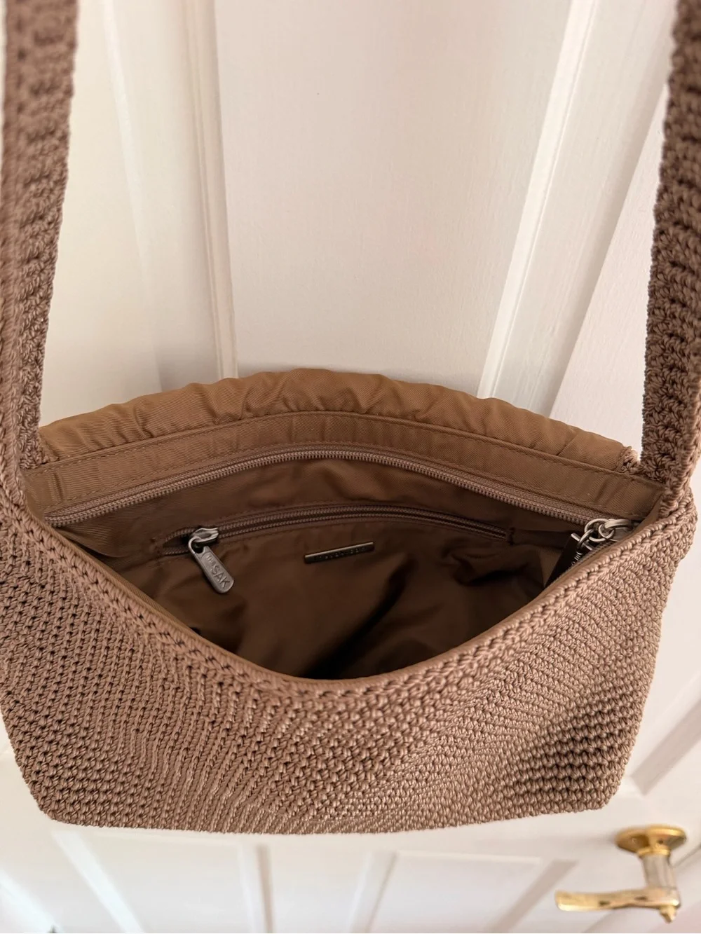 The Sak Brown Crochet Shoulder Bag with Flap